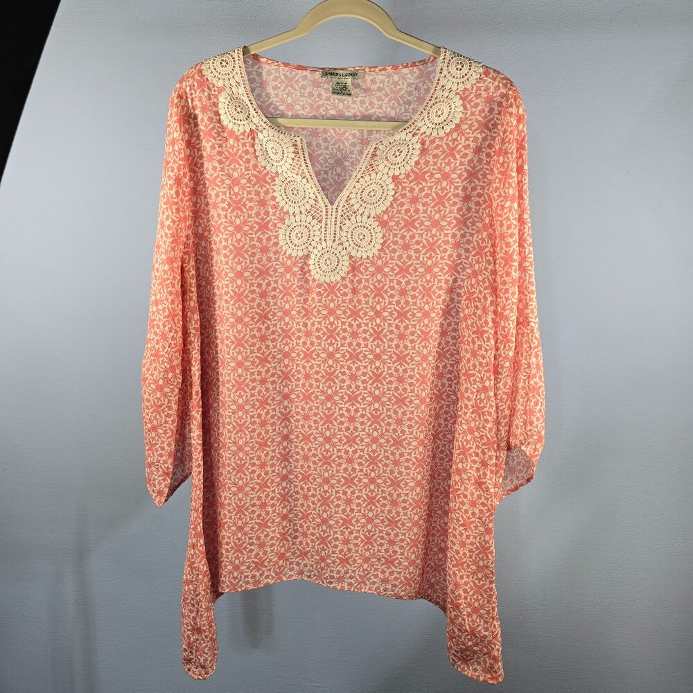 Sabrina Lauren Women's Tunic Top Sz Large Floral Beach Airy Coral & White (P-18)